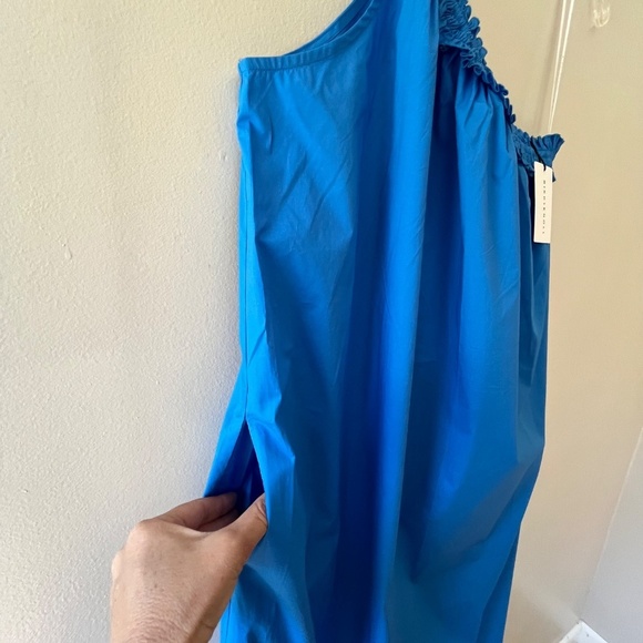 Bird n Knoll XL Blue Donatella Poplin Maxi Stretch Dress One Shoulder Pockets - Picture 5 of 9